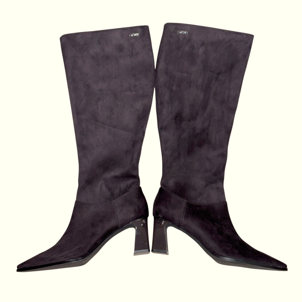 DKNY Salem Dark Brown Faux Suede Block Knee Hihg Heel Boots Womens 7.5M NEW